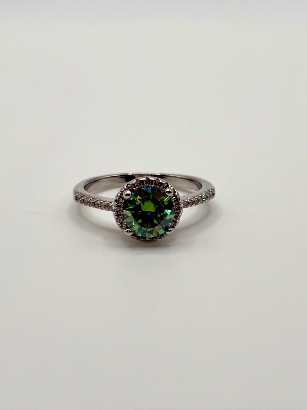 1.0 Ct Green Moissanite Halo Ring | 14K Gold Plated | Certified | 6.5mm